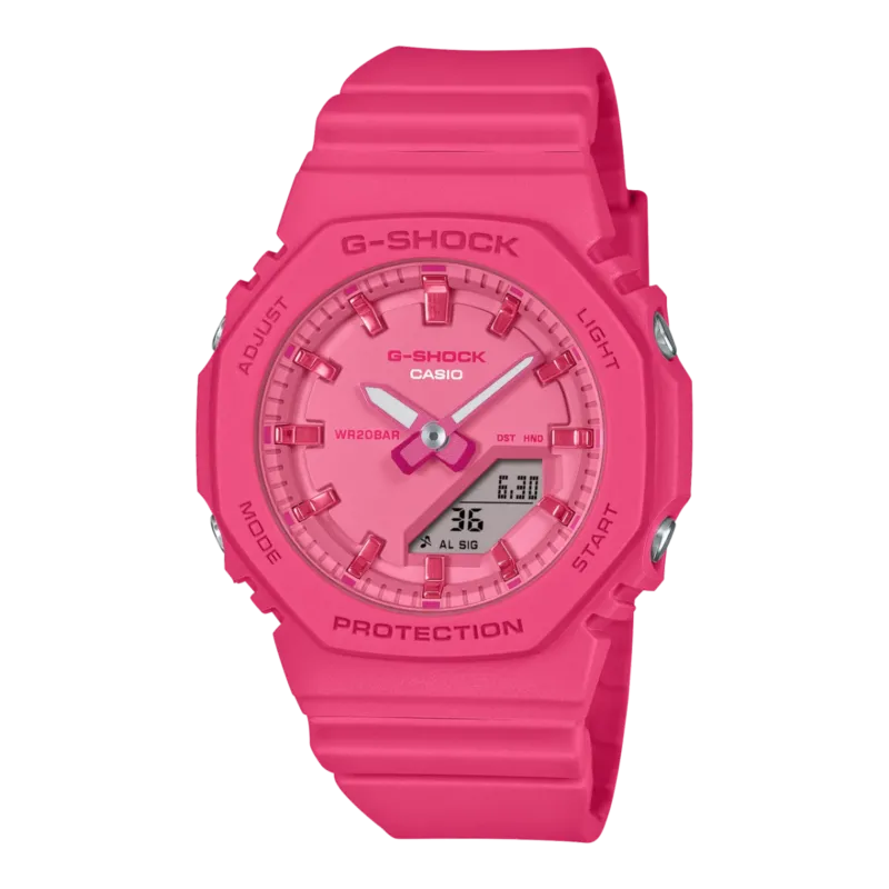 G‑SHOCK Damenarmbanduhr mit pinkem Resinband und analogem Digital-Zifferblatt