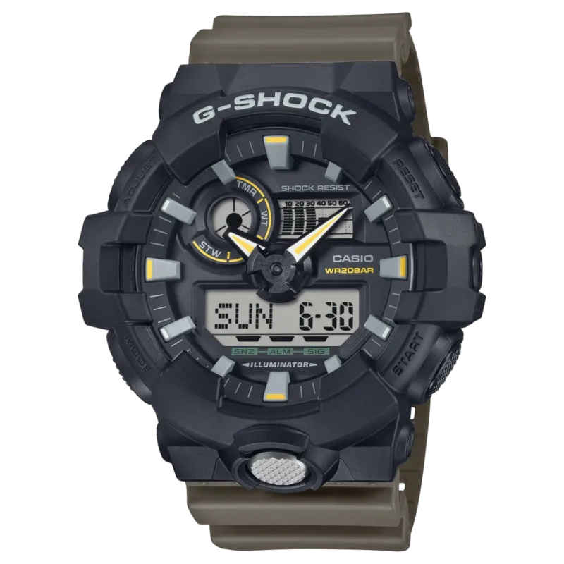 Casio G‑SHOCK Herrenuhr mit schwarzem Gehäuse, Analog- und Digitalanzeige, Silikonarmband