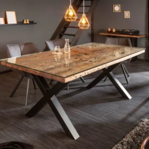 BARRACUDA Massiver Esstisch Teakholz inkl. Glasplatte mit X-Gestell