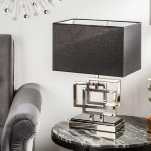 Moderne Tischleuchte ATLANTIS 56cm silber Stoffschirm schwarz Marmor Lampe