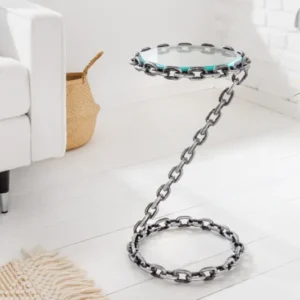 CHAINS Design Beistelltisch 35cm silber handmade Metall rund Glasplatte Kettengestell