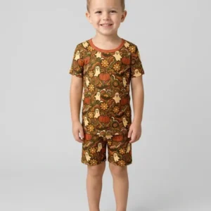 Retro Halloween Ghost Pumpkin Floral Bamboo Two Piece Short Sleeve Shorts Pajama Set