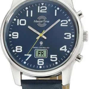 Herrenuhr mit blauem Zifferblatt, silbernem Gehäuse und dunkelblauem Lederarmband