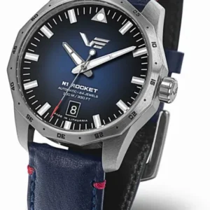 Herrenarmbanduhr mit dunkelblauem Lederarmband, blauem Zifferblatt und markanten Zeigern