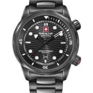 Herrenarmbanduhr Swiss Military Hanowa mit schwarzem Zifferblatt und Metallarmband