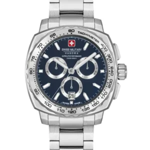 Herren-Chronograph mit silbernem Edelstahlband, blauem Zifferblatt und Tachymeter-Lünette